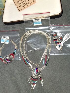 Liquid Silver Multi-Color Beaded Necklace, Bracelet & Earrings Set